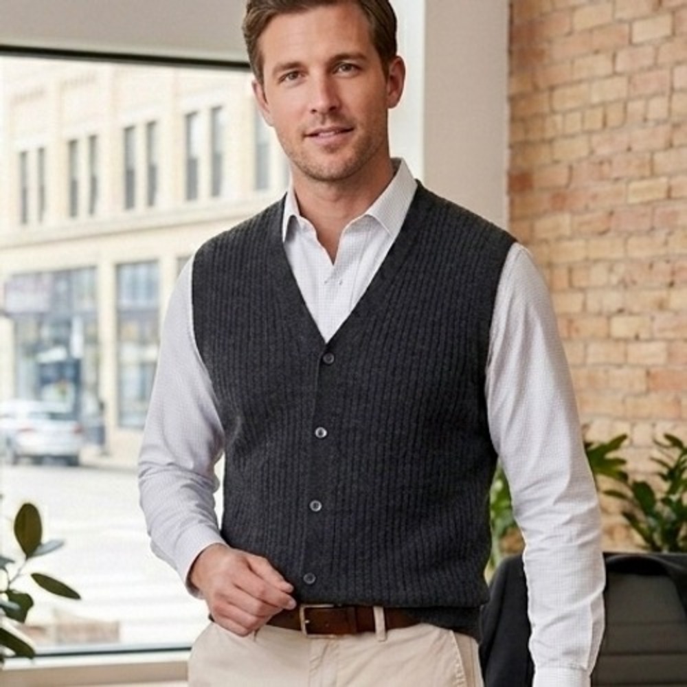 Jos A Bank Mens 100% Cashmere Ribbed Button Front V-Neck Sweater Vest Gray Large